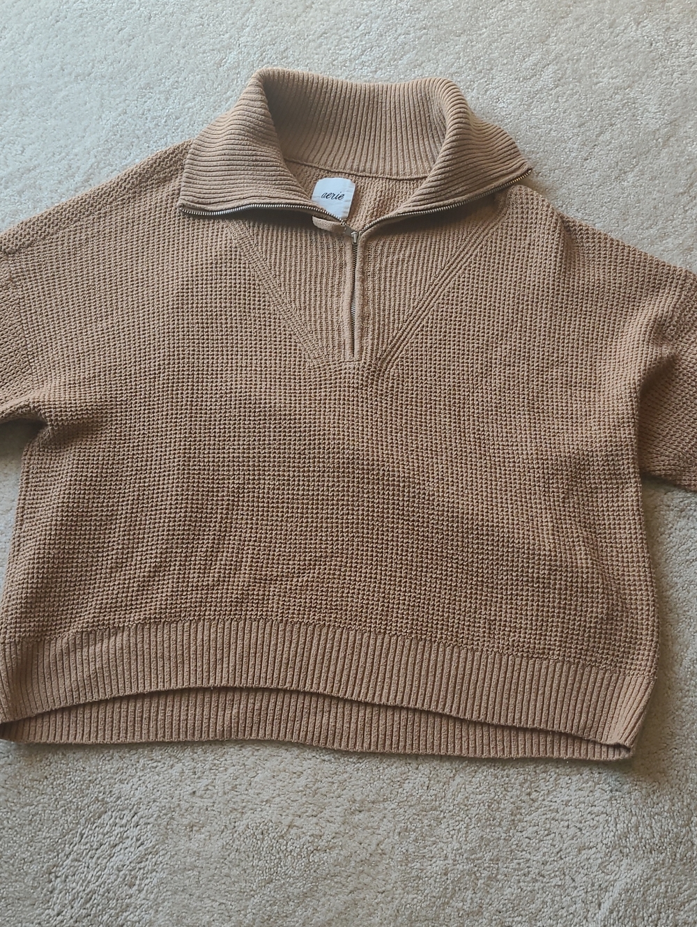 aerie Camel Waffle-Knit Half-Zip Sweater